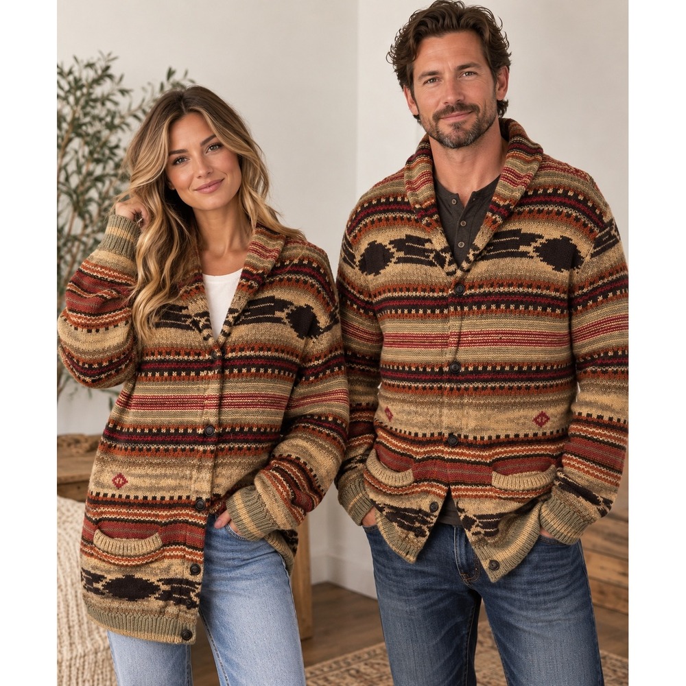 American Eagle Buffalo Fair Isle Shawl Collar Cardigan Men's L Brown